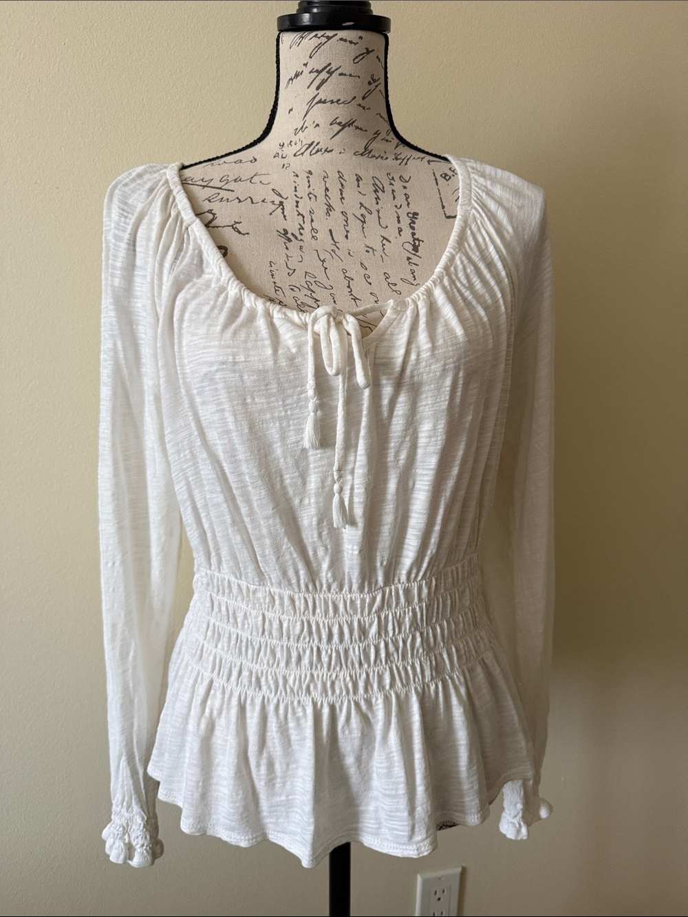 Old Navy White Smocked Peasant Blouse with Tie Neck